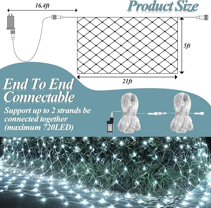 LitHome 21FT x 5FT Christmas Net Lights Outdoor Mesh Lights Connectable | 8 Modes 360 LED Waterproof Cool White Christmas Mesh Light for Bushes, Garden, Backyard, Xmas, Holiday Decor, Clear Wire
