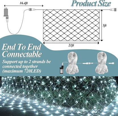 LitHome 21FT x 5FT Christmas Net Lights Outdoor Mesh Lights Connectable | 8 Modes 360 LED Waterproof Cool White Christmas Mesh Light for Bushes, Garden, Backyard, Xmas, Holiday Decor, Clear Wire
