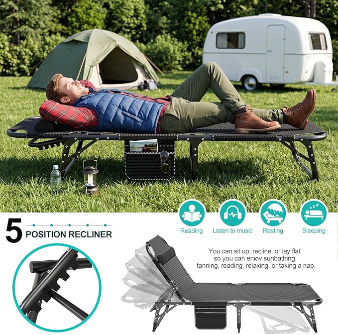ABORON 3-in-1 Folding Patio Lounge Chair, 440LB Heavy-Duty Tri-Fold Guest Bed with Plush Cotton Cushion, No Assembly Adjustable Recliner for Office Nap, Patio Sunbathing, Poolside & Camping