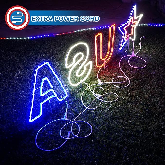 Russell Decor USA Patriotic Yard Sign Liights Star with 4-Level Dimmable Controller Waterproof Outdoor lights Red White Blue (6 ft x 2 ft)