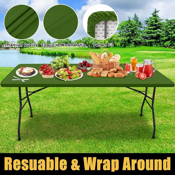 Smiry Rectangle Picnic Table Cloth, Waterproof Elastic Fitted Tablecloths for 8 Foot Tables, Washable Polyester Table Cover for Camping, Indoor and Outdoor (Olive Green, 30"x96")