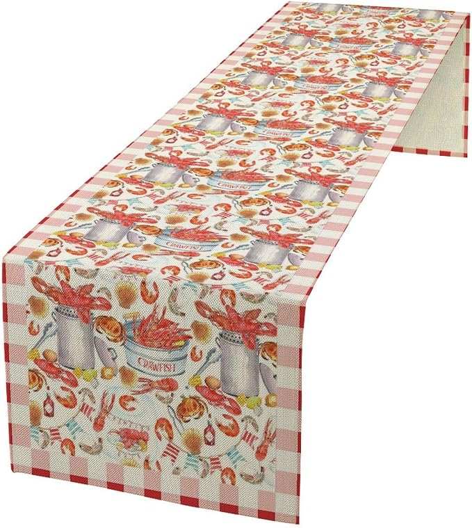 Crawfish Boil Table Runner Lobster Buffalo Plaid Check Seafood Boil Themed Buffalo Plaid Check Birthday Kitchen Dining Home Decoration 13" x 60"