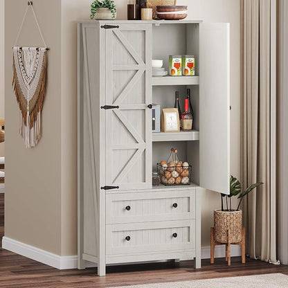 DWVO 64.5" Pantry Cabinet with Barn Doors, 2 Drawers & Shelves, Off White | Farmhouse Storage Cupboard for Dining Room, Living Room, and Bathroom