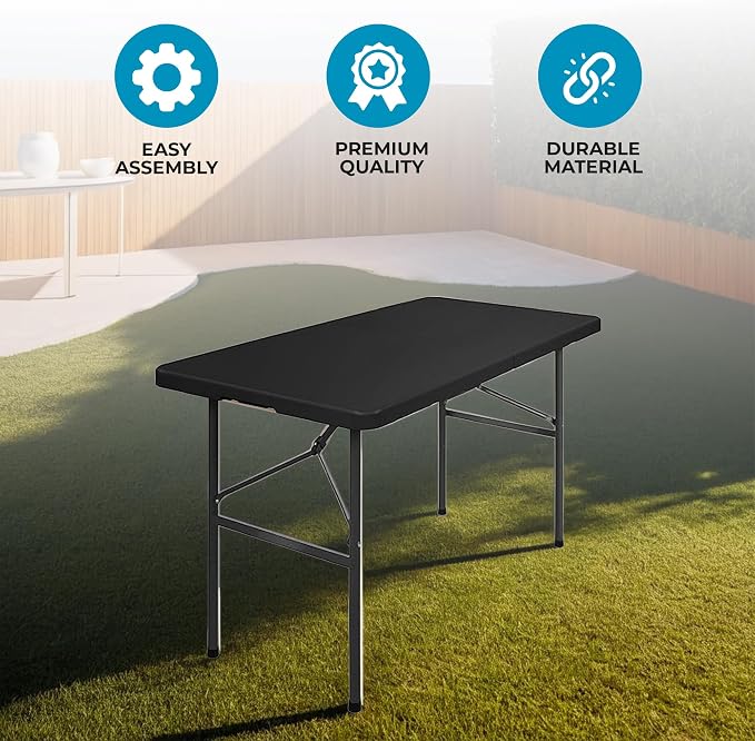 Simpli-Magic 4ft Portable Plastic Folding Table – Indoor & Outdoor Heavy-Duty Foldable Utility Table w/Handle for Party & Camping (Black)