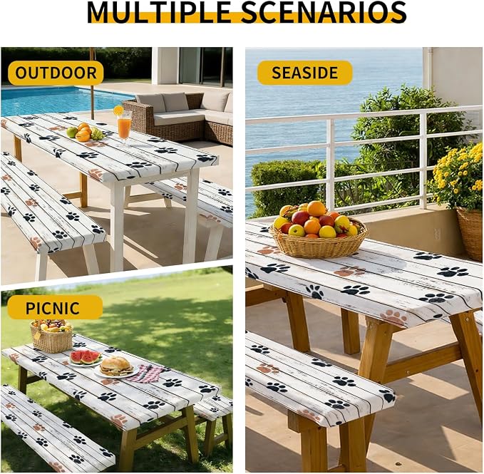 Picnic Table Cover with Bench Covers, 72 X 30 Inch Elastic Fitted Camping Tablecloth with Strap Design for 6FT Rectangle Tables, Windproof Outdoor Tablecloth Set with Storage Bag