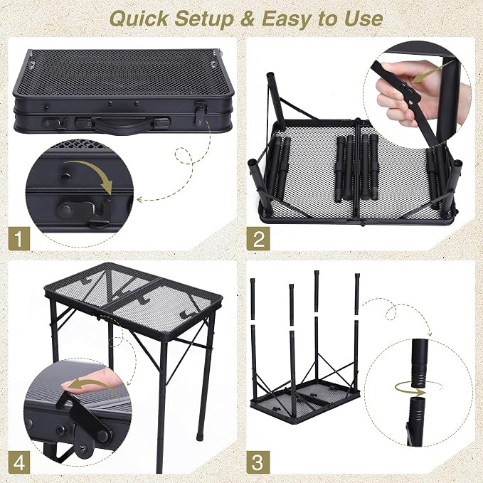 REDCAMP 2 Feet Small Folding Grill Table for Outside, 3 Heights Adjustable Portable Metal Outdoor Picnic Table for Camping Travel Cooking BBQ, Black, 24" Lx 16" Wx 27.5" H