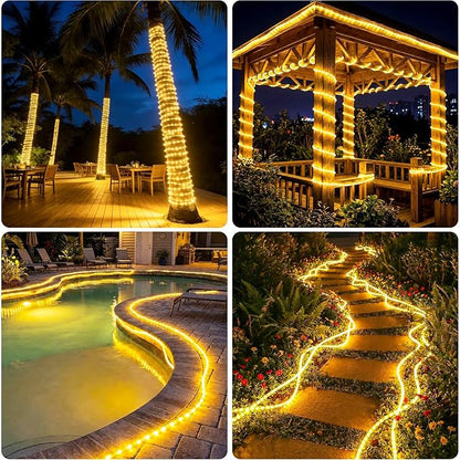 Solar Rope Lights, 33FT 100 LED Solar Fairy Lights with 8 Lighting Modes, IP65 Waterproof Strip Light Outdoor for Garden Yard Patio Deck Fence Tree Party Holiday Decoration, Warm White