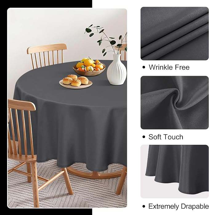 DWCN Round Tablecloth 90 Inch - Waterproof & Stain Resistant Spillproof Washable Polyester Fabric for Dining Room Kitchen, Dining, Party, Weddings and Restaurants, Grey