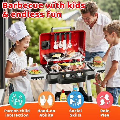 2-Tier Kids BBQ Grill Playset, Toy Grill for Kids, Outdoor Play Food | For toddlers ages 3-5, includes 35 grill accessories, play food & utensils for outdoor pretend BBQ cookout playset fun