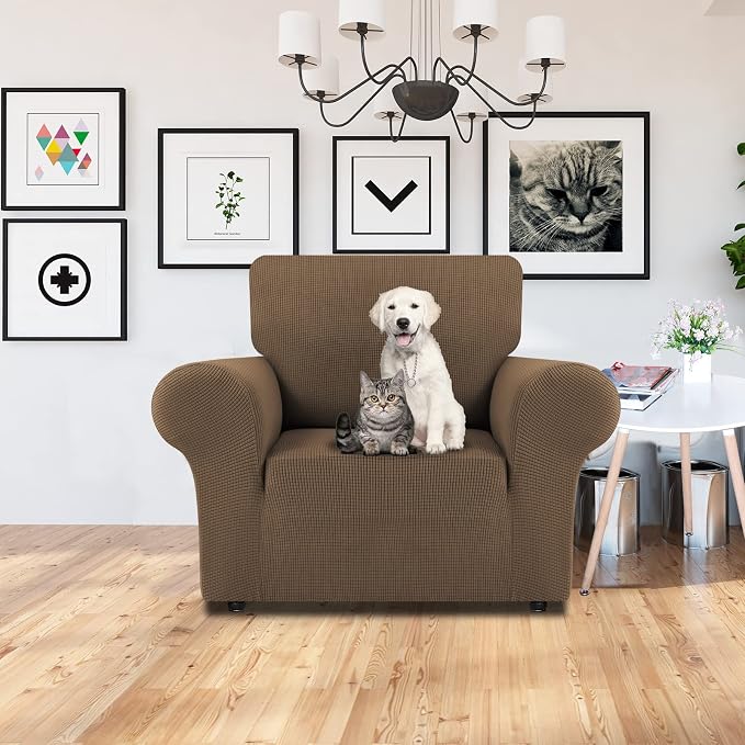 LURKA Stretch Chair Cover for Sofa, 1 Piece Armchair Slipcover, Camel | Soft Stretch Jacquard, Fits 31"-55" Armchairs, Elastic Bottom for Secure Fit, Machine Washable, Pet & Kid Friendly