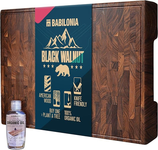 American Black Walnut Cutting Board - 15.7 x 10.2 Inch (ExtraThick 1.7") Hardwood Butcher Block, Charcuterie, Heavy Duty End Grain Wood Chopping Board with Juice Groove & Handle (Oil & Plate Included)