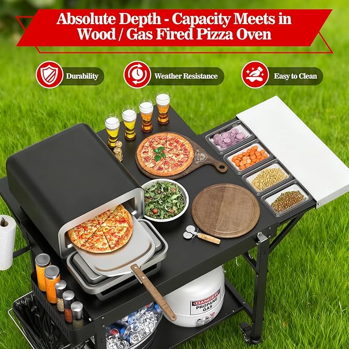 Grill Table for Pizza Ovens, Ninja Pizza Oven Table with Extendable Desk, Durable Outdoor Grill Cart Stand with Food Prep Topping Station for Patio, Backyard,43" L × 27" W