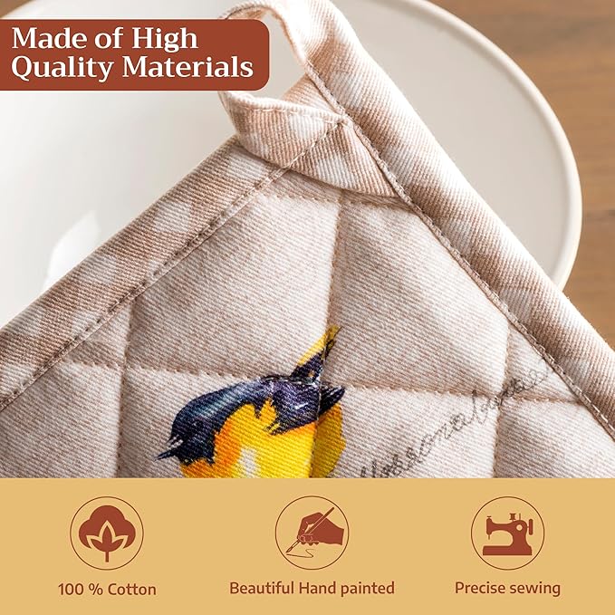 Maison d' Hermine 100% Cotton Oven Mitt & Pot Holder Set (7.5"x13" & 8"x8") Heat Resistant BBQ Cooking Gloves with Loop Baking Grilling Kitchen Hotel Home Farmhouse Spring Summer (Birdies on Wire)