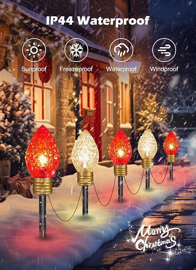 Brightown Strawberry Jumbo C9 Christmas Pathway Lights Outdoor - 2 Pack Total 17 Feet 10 LED Jumbo C9 Walkway Lights, Christmas Light Outdoor Decorations for Lawn Yard Holiday, Red & Warm White