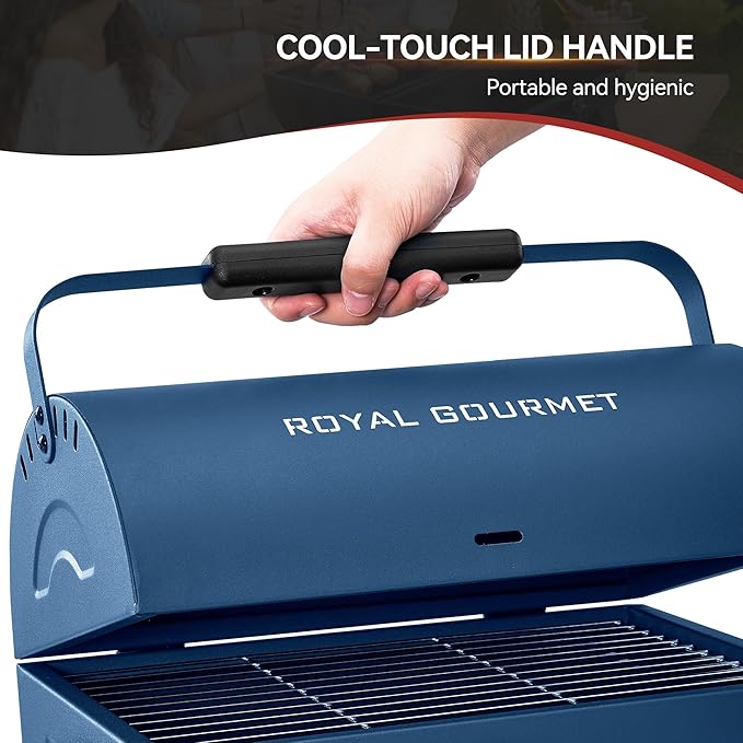 CC1015B Portable Charcoal Grill, 147 Sq. In. Cooking Area, with Four Air Vents, Lid Latch Buckle, Lid Handle, for Outdoor Backyard, Patio Parties and Picnics, Blue