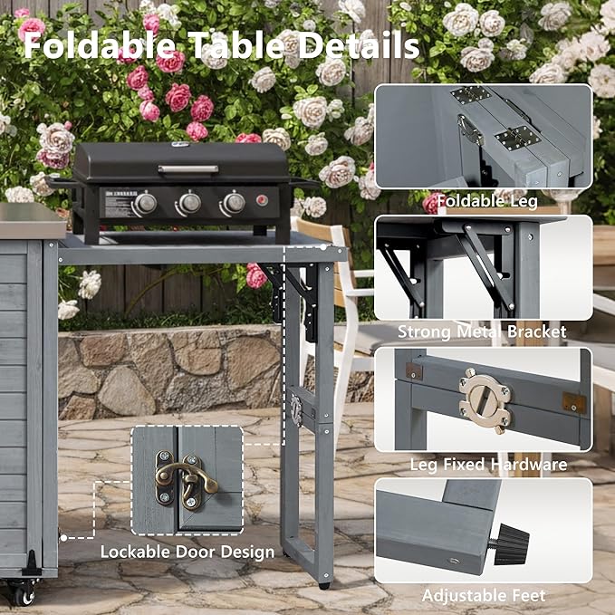 78.3" Outdoor Kitchen Island with Foldable Grill Table, Wooden Outdoor Grill Cart with Trash Can Storage & Stainless Steel Top, Outdoor Bar Cart, Pizza Oven Table for Lawn & Garden (Grey+Blue@76)