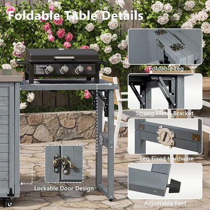 78.3" Outdoor Kitchen Island with Foldable Grill Table, Wooden Outdoor Grill Cart with Trash Can Storage & Stainless Steel Top, Outdoor Bar Cart, Pizza Oven Table for Lawn & Garden (Grey+Blue@76)