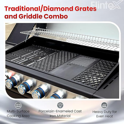 Flintex 6-Burner Propane Gas Grill with Infrared Searing Side Burner and Porcelain-Enameled Cast Iron Grates & Pan, Outdoor BBQ Grill with 53,500 BTU Output, 630 sp.in. Cooking Area, Black