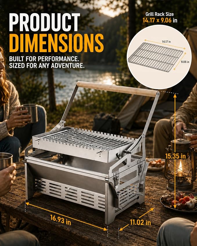 PYY Upgraded 360° Rotating Barbecue Grill Outdoor Rotating BBQ Grill | Easy Flip Grill, Heat-Resistant Wooden Handle, Thickened SUS Food Grade Mesh, Adjustable Height Grill & Charcoal Tray