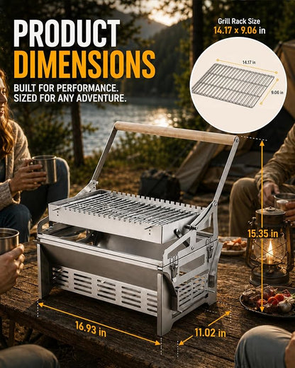 PYY Upgraded 360° Rotating Barbecue Grill Outdoor Rotating BBQ Grill | Easy Flip Grill, Heat-Resistant Wooden Handle, Thickened SUS Food Grade Mesh, Adjustable Height Grill & Charcoal Tray