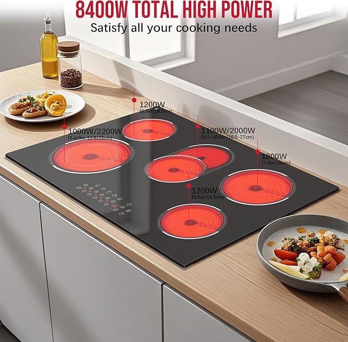 30 Inch Electric Cooktop, Built-in 5 Burner Electric Stovetop 8400W for Big Family Cooking & Feasts, 30" Glass Ceramic Cook Top with Oval Expanded Zone, Child Lock, Timer, 220V No Plug