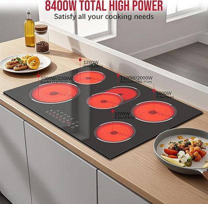 30 Inch Electric Cooktop, Built-in 5 Burner Electric Stovetop 8400W for Big Family Cooking & Feasts, 30" Glass Ceramic Cook Top with Oval Expanded Zone, Child Lock, Timer, 220V No Plug