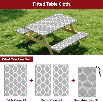 7ft 84in Picnic Table and Bench Cover, 3 Pack, Gray-White Moroccan | Drawstring Bag, Waterproof Windproof, Elastic Fitted Edges Tablecloth, for Rectangle Table & Seat, Camping Essentials RV Gear