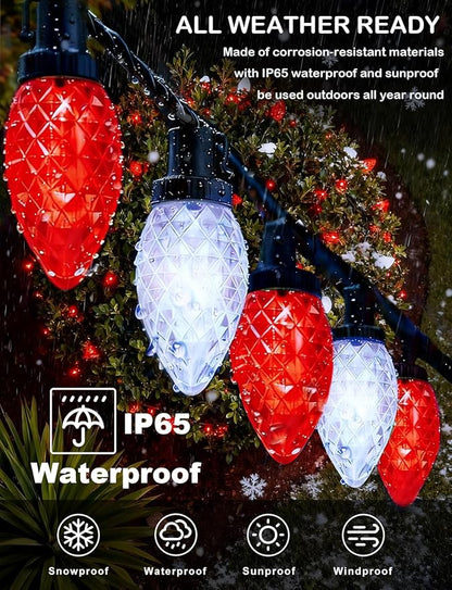 C9 Red White Strawberry Solar String Lights, 31FT 50 LED Ultra Bright Fairy Lights, 8 Modes IP65 Waterproof Green Wire for Outdoor Christmas Wedding Valentine Garden Decor
