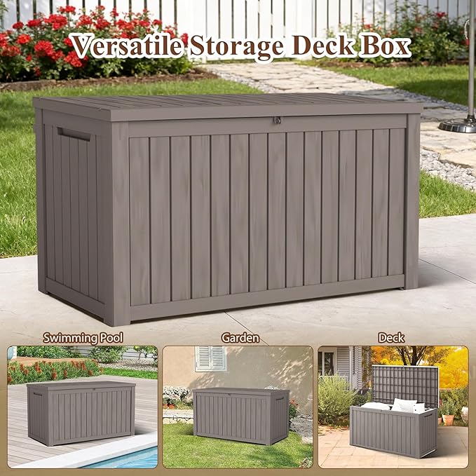 FEFLO 180 Gallon Waterproof Resin Outdoor Storage Box, Lockable & UV Resistant Patio Deck Boxes, Outside Storage for Patio Cushions, Pool Toys, Garden Tools & Package Delivery, Brown