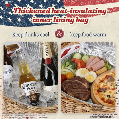 Wicker Picnic Basket 15"x11"x7" Insulated Liner Red White Stars | Insulated Zip Liner Helps Keep Drinks and Snacks Cool, Sturdy Woven Basket Suits Parks, Camping, Holidays and Gift Giving