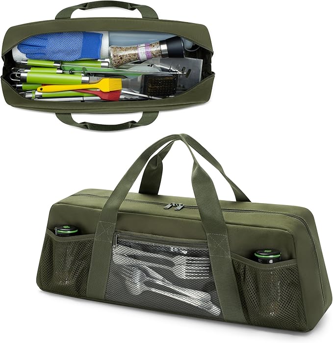 HODRANT Grill Tool Storage Bag with Pockets for Barbecue Tool up to 22" | Outdoor BBQ Utensil Holder, Large Grill Utensil Storage Caddy, BBQ Accessories Case Container for Camping, Bag Only, Green