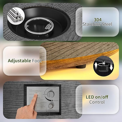 2-Piece Outdoor Propane Fire Pit Table Set w Tank Table 30'' Round Fire Pit Table w Wood Grain Firepit Table for Outside Gas Fire Pit w 304 Stainless Steel Burner 50,000 BTU, Dark Gray w Warm LED