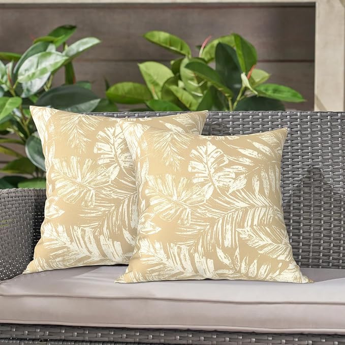 LVTXIII 2 Pack Outdoor Throw Pillow Covers for Patio Furniture, 16x16 Inch Square Pillow Case, Water-Repellent Cushion Covers for Garden, Porch, Sofa, Tropical Leaf Oat