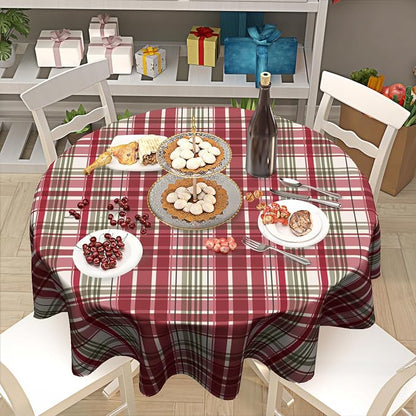 Sweetshow Xmas Checkered Table Cloth Round 70 Inch Polyester Table Cover | Red Green Buffalo Plaid Table Cloth Round Winter Xmas Tablecloth Washable Stain and Wrinkle Table Cover for Dining Picnic
