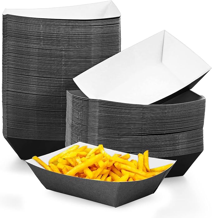100 Pcs 2lb Paper Food Trays Boat Nacho Boats for Hot Dogs, Black | Grease-Resistant, Disposable Kraft Paper Boat for Tacos Concession, Food Trucks, Birthday, Wedding, Christmas, Halloween