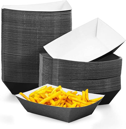 100 Pcs 2lb Paper Food Trays Boat Nacho Boats for Hot Dogs, Black | Grease-Resistant, Disposable Kraft Paper Boat for Tacos Concession, Food Trucks, Birthday, Wedding, Christmas, Halloween
