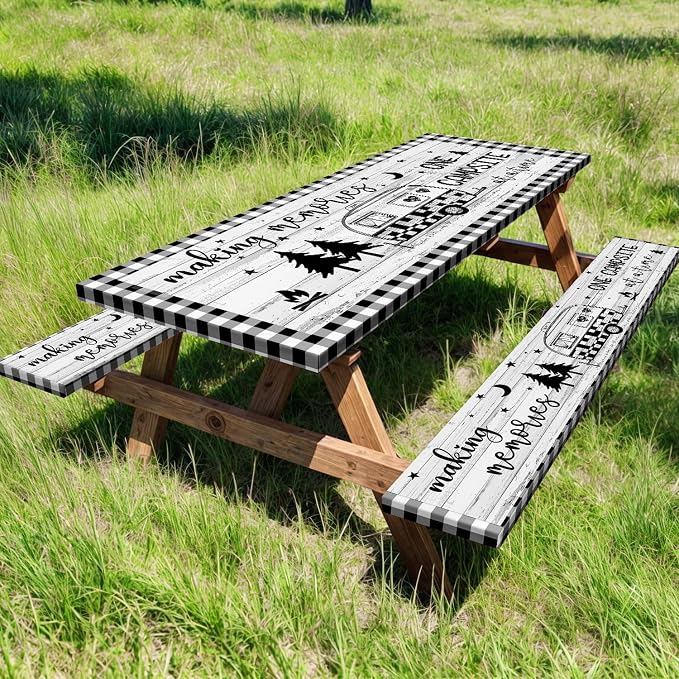 Picnic Table Cover with Bench Covers Elastic Edges, Camper Plaid Wooden Fitted Table Cover, Outdoor Patio Camping Essentials 60 Inch 3PCS, Waterproof Camping Fitted Tablecloth with Drawstring Bag