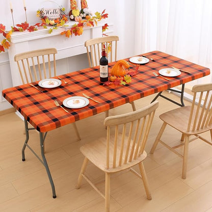 Smiry Rectangle Picnic Table Cloth, Elastic Waterproof Fitted Vinyl Tablecloths, Flannel Backed Buffalo Plaid Table Covers for Dining, Camping, Outdoor (Orange and Yellow, 30" x 72")