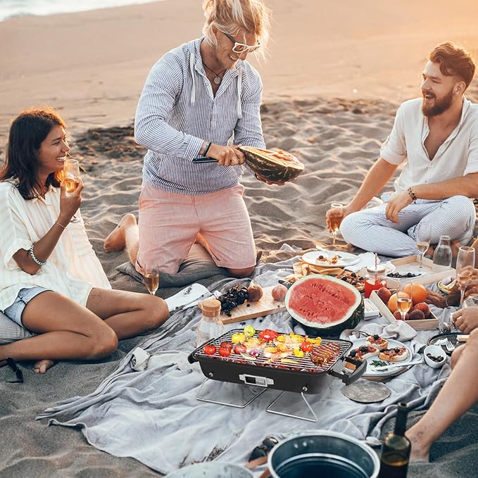 Portable Charcoal Grill with Built-in Thermometer and Dual Air Dampers for Camping, Backyard, Beach and Picnic Use