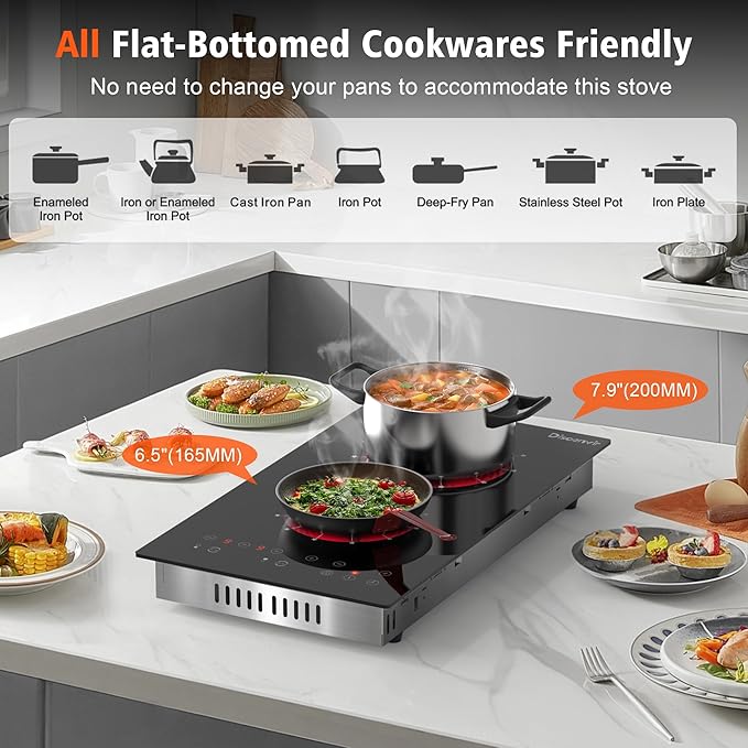 2 Burner Electric Cooktop - 12 Inch Electric Stovetop Built-in & Countertop 2000W, 120V Portable Two Burner Radiant Electrical Cook Top Sensor Touch Control, Timer, Safety Lock, 110V Plug in