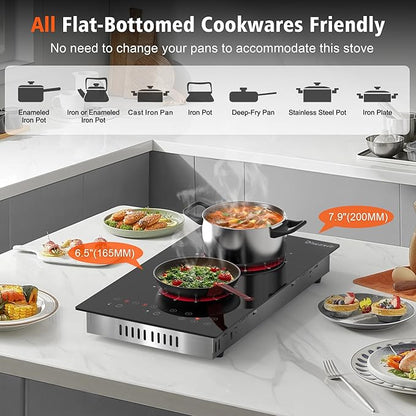 2 Burner Electric Cooktop - 12 Inch Electric Stovetop Built-in & Countertop 2000W, 120V Portable Two Burner Radiant Electrical Cook Top Sensor Touch Control, Timer, Safety Lock, 110V Plug in