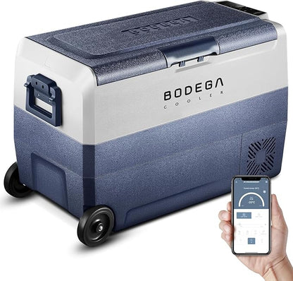 BODEGACOOLER 12 Volt Car Refrigerator,53 Quart Portable Fridge Freezer,Dual Zone Car Cooler WIFI APP Control,-4℉-68℉ （50L）Electric Compressor Cooler 12/24V DC and 100-240V AC for Camping,Travel,RV