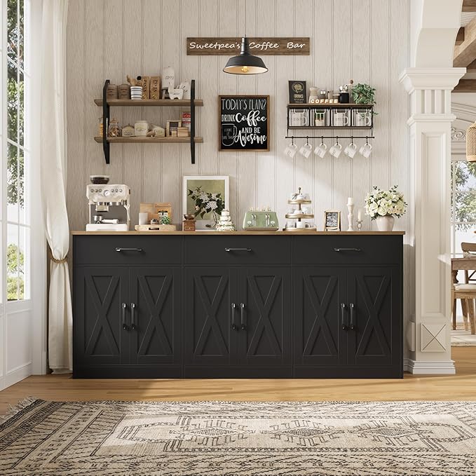 HOSTACK 71" Large Sideboard Buffet Cabinet with Storage, Farmhouse Coffee Bar Cabinet with 3 Drawers, Long Kitchen Buffet Table, Kitchen Sideboard Storage Cabinet for Dining Room, Living Room, Black