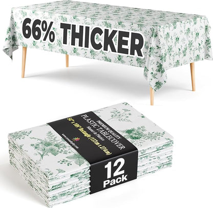 Exquisite 66% Thicker Floral Plastic Tablecloth Rectangle 54x108 Inch 12 Pack - Verdure Green Disposable Summer Table Cloth Tea Party Decorations - Vintage Table Cover Bridal Shower Wedding Spring