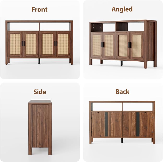 Rattan Buffet Cabinet with Storage, Sideboard with Doors, Console Table, Farmhouse Coffee Bar, Modern Wood Storage Cabinets(Walnut 2.0)