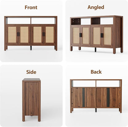 Rattan Buffet Cabinet with Storage, Sideboard with Doors, Console Table, Farmhouse Coffee Bar, Modern Wood Storage Cabinets(Walnut 2.0)
