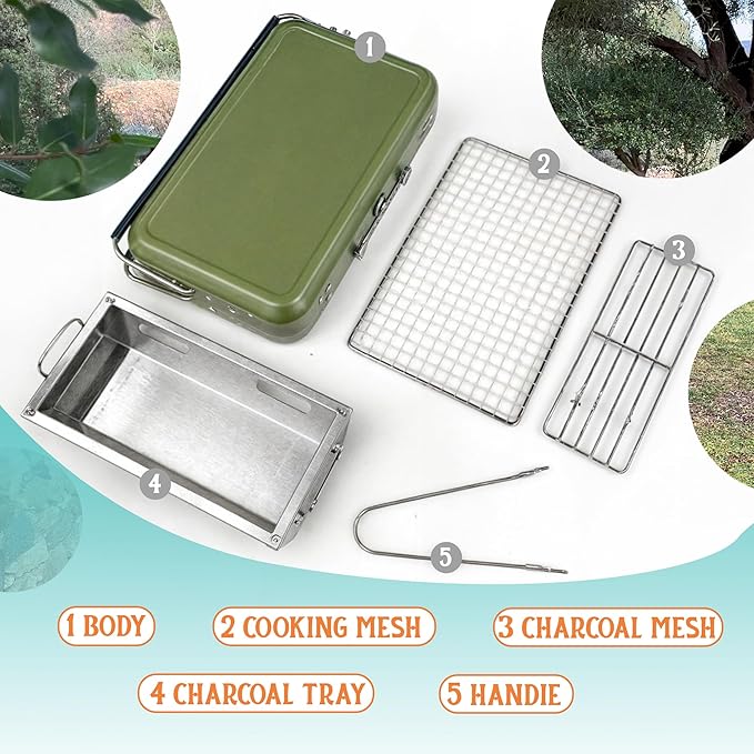 Portable BBQ Charcoal Grill, Folding Stainless Steel Mini Grill for Camping, Hiking, Outdoor Cooking, Small Tabletop Picnics, Backyard, Tailgating, Compact Travel BBQ Carry Bag, Father’s Day Gift