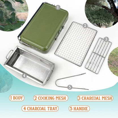 Portable BBQ Charcoal Grill, Folding Stainless Steel Mini Grill for Camping, Hiking, Outdoor Cooking, Small Tabletop Picnics, Backyard, Tailgating, Compact Travel BBQ Carry Bag, Father’s Day Gift