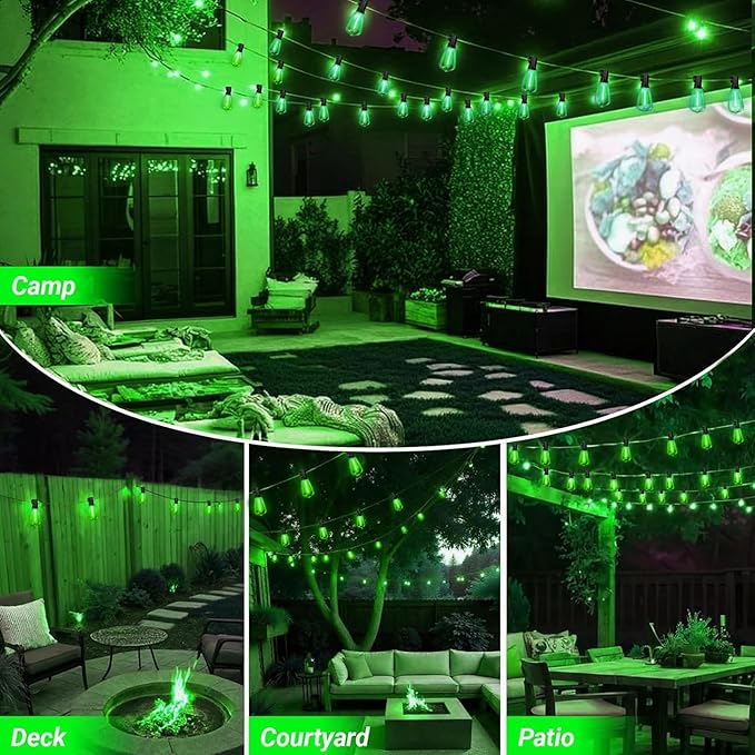 LAMPHOME Outdoor String Lights, Green Patio Lights Waterproof 26FT ST38 12+1Shatterproof Connectable LED Edison Bulbs, Hanging Lights for St. Patrick's Day Backyard Garden Porch Christmas Bistro Decor