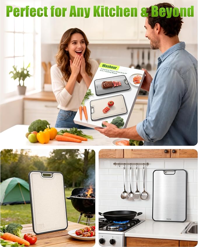 Titanium Cutting Boards for Kitchen, Non Toxic 2-in-1 Cutting Board Double Sided, Food Grade Chopping Boards for Fresh Meat Vegetable, Easy to Clean Large Size (18”×16” + 16”×11”)
